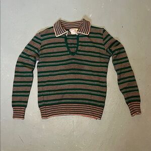 Vintage 70s Striped Vneck Long Sleeve Wool Collared Sweater